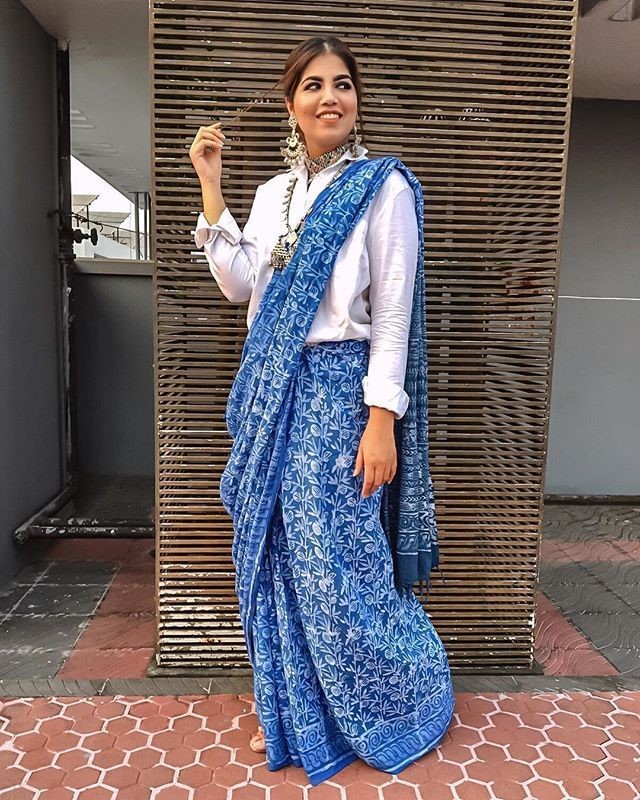 Floral Print Blue Saree