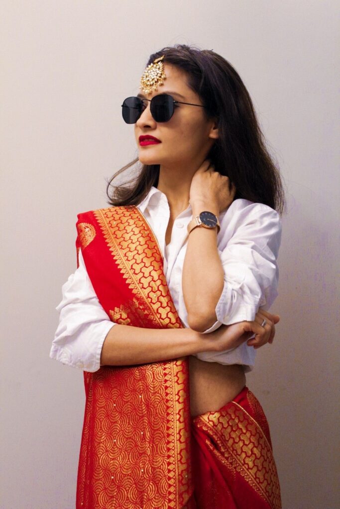 Red Silk Saree with White Shirt