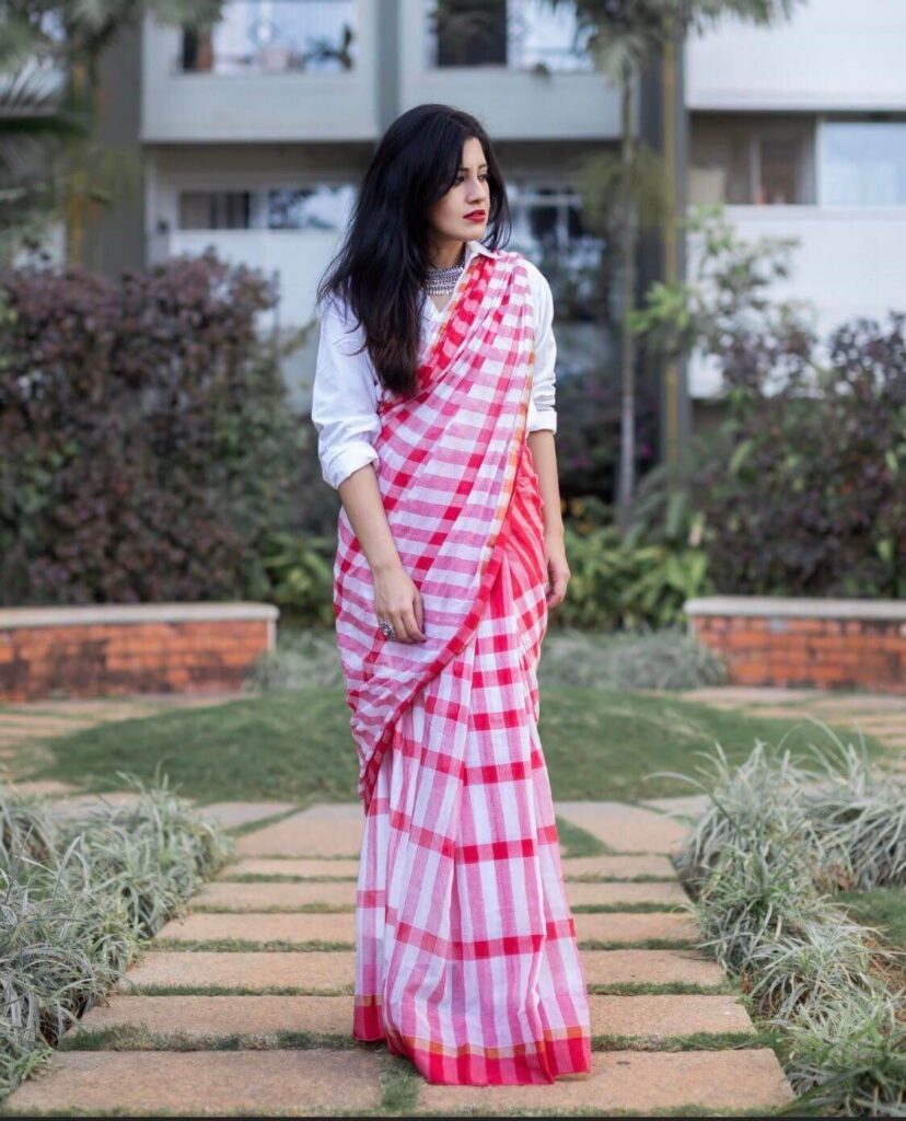 Shirt with Check Print Cotton Saree