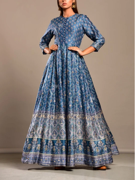 Indigo Blue Printed Silk Anarkali Gown