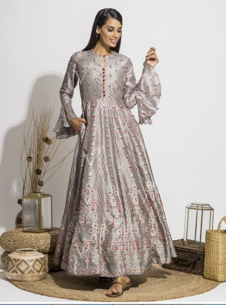 Steel Grey Silk Printed Anarkali Gown