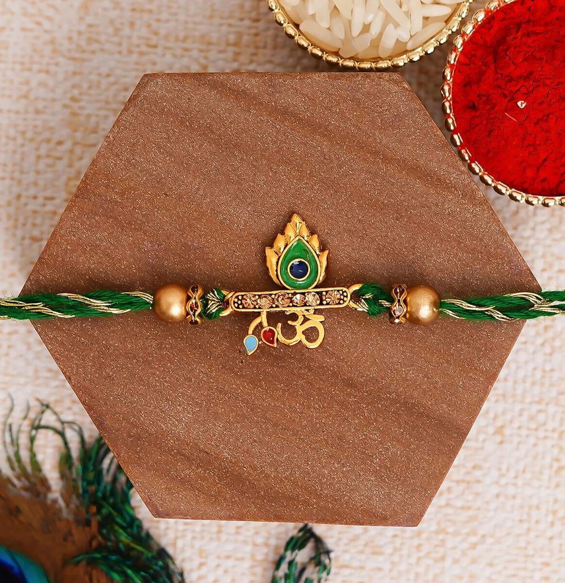 Green & Golden Om & Peacock Feather Religious Designer Rakhi