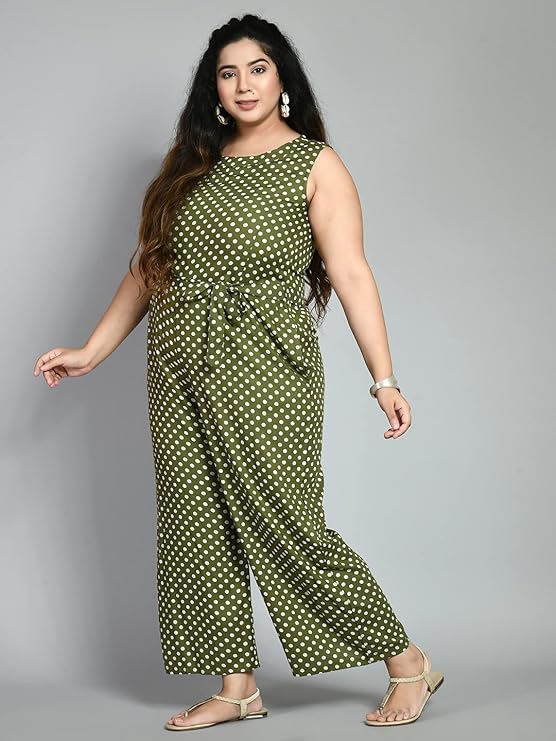PrettyPlus by Desinoor.com Plus Size Women's Polka Dot Printed Green Jumpsuit in Rayon Fabric