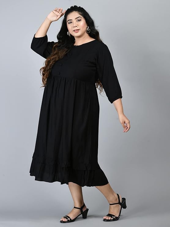 PrettyPlus by Desinoor.com Women's Plus Size A-Line Midi Dress in Black Rayon Fabric