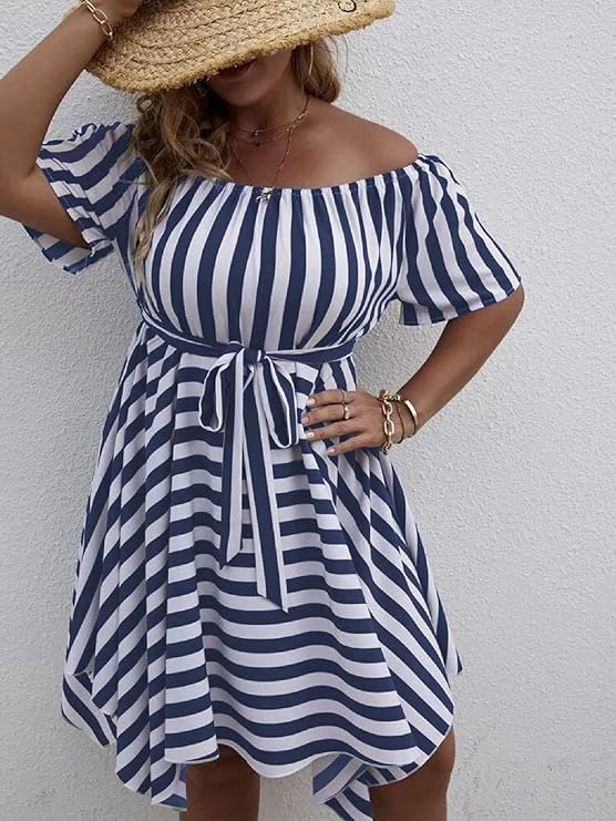 SOLY HUX Plus Size Women's Summer Sexy Off-The-Shoulder Striped Short Sleeve Asymmetrical Belted Mini Sundress