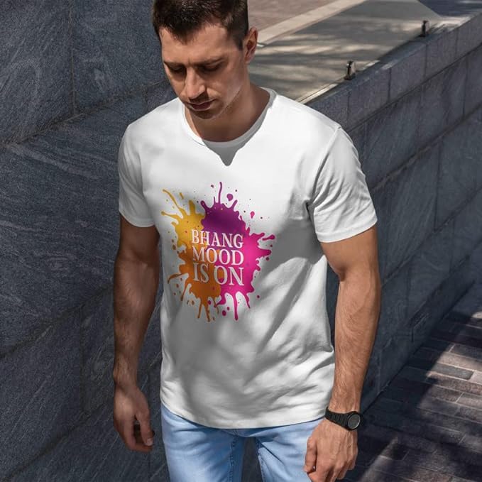 Printed Round Neck Holi T-Shirt by TheYaYaCafe