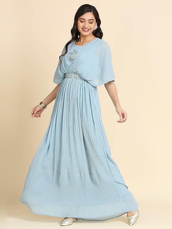 Heavy Embroidery and Hand Work Belt with Round Neck Gown