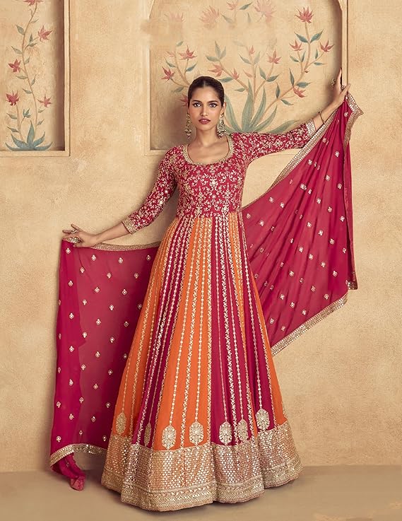 Women's Pink Chinon Stitched Gown with Dupatta