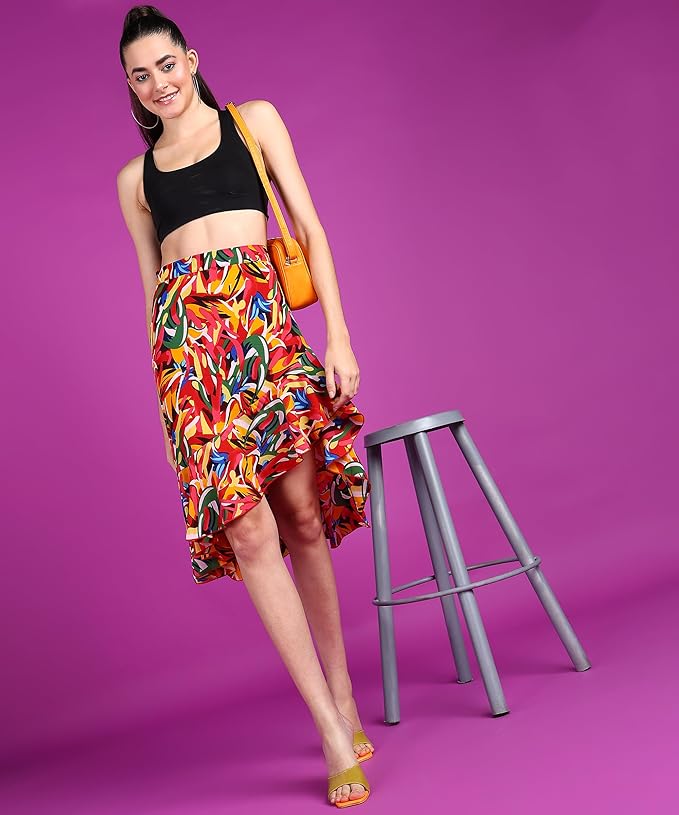 Floral Printed Asymmetric Flare Skirt for Women