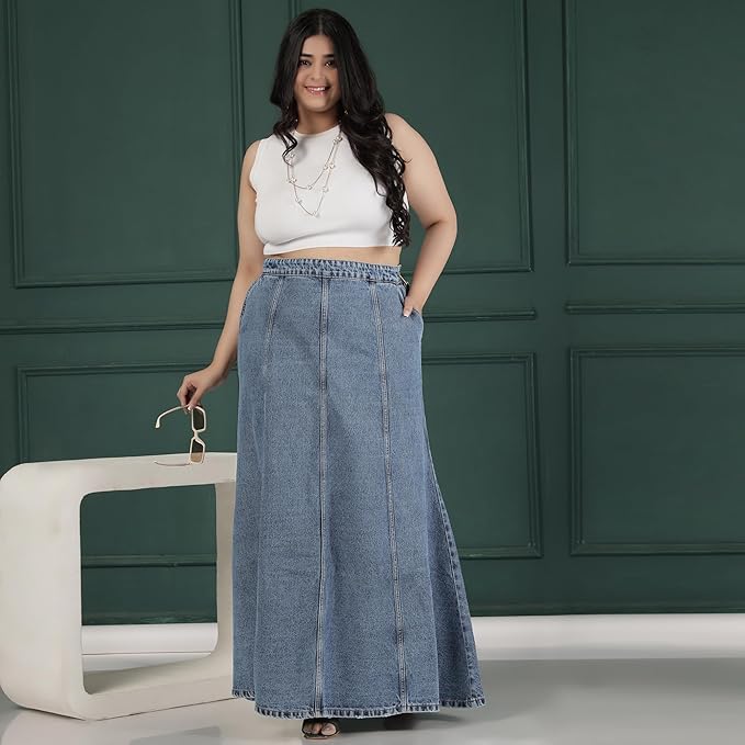 Plus Size Hipster Fit Mid Blue Denim Skirt