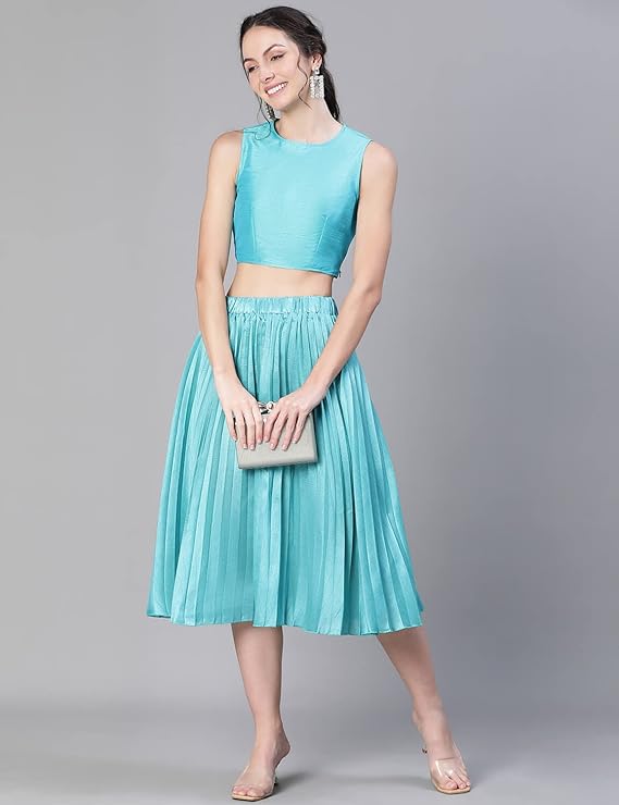 Solid Blue Dupion Silk Pleated & Elasticated Skirt