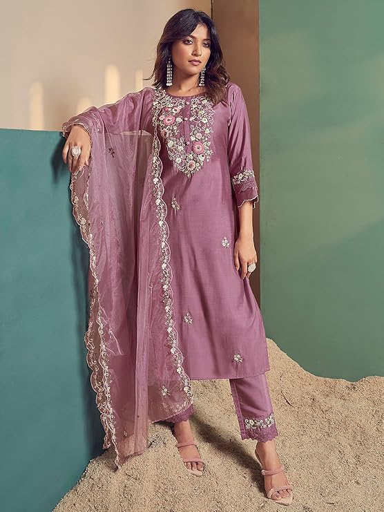 Silk Blend Women's Embroidered Straight Kurta Pant With Dupatta Set