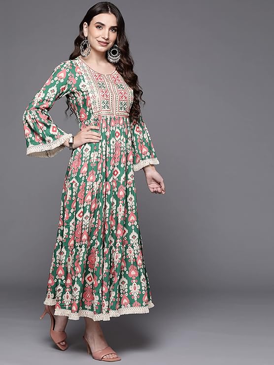 Women Multicolored Embroidered A-Line Ethnic Midi Dresses