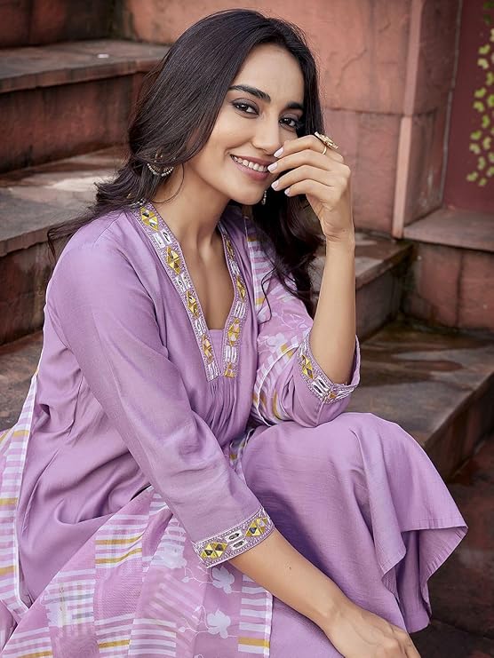 Women's Embroidered Work Chanderi Kurta & Pant with Dupatta
