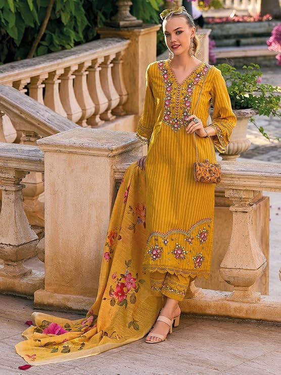 Women's Pure Cotton Embroidered Straight Kurta Pant With Dupatta Set