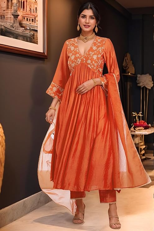 Women's Rayon Viscose Anarkali Embroidered Kurta with Pant & Dupatta