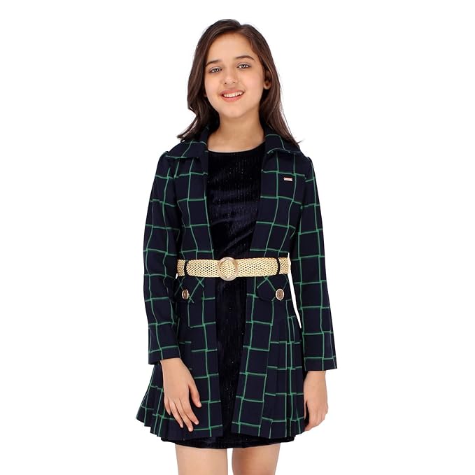 Cutecumber Girl's Chenille & Check Fabric Shift Brown Dress with Long Jacket