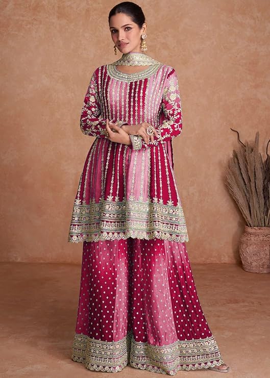 Dual Tone Strip Chinon Heavy Embroidered Stitched Sharara Suit Set With Dupatta