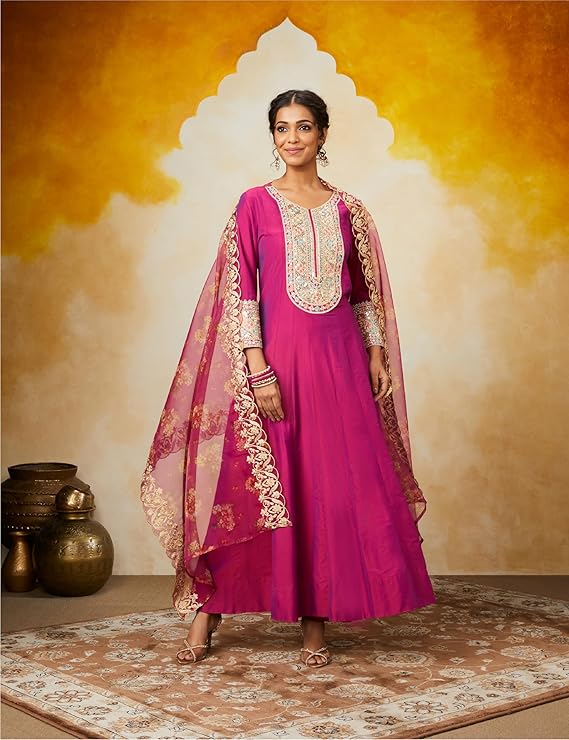 Embroidered Anarkali Kurta Pant Set with Organza Dupatta