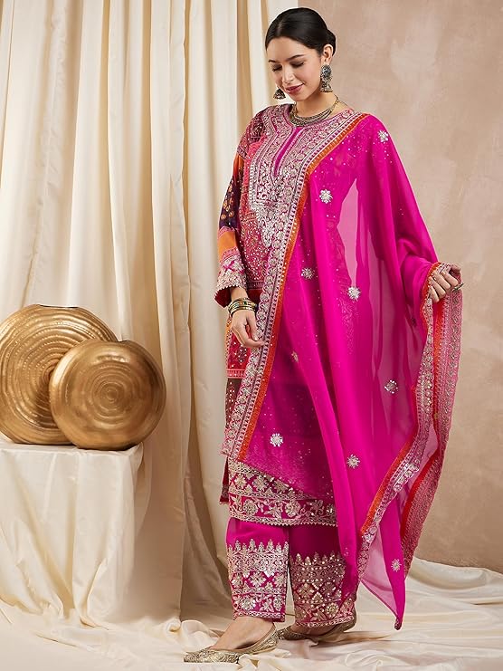 Faux Georgette Zari Embroidery Kurta Set With Dupatta 