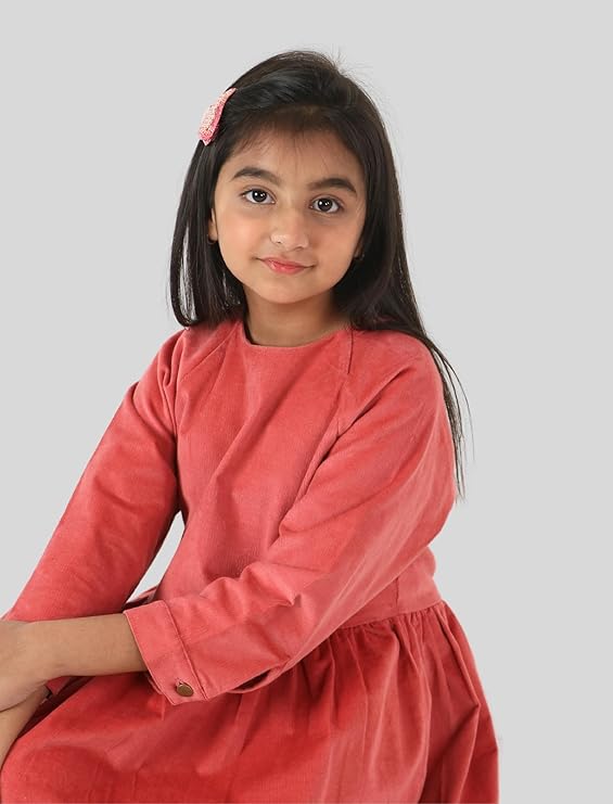 Kids Corduroy Dress Frock Winter Wear Long Sleeve Dresses with Pockets for Girls