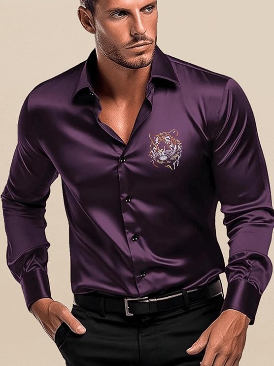 Men's Satin Shirt with Spread Collar Neck Line