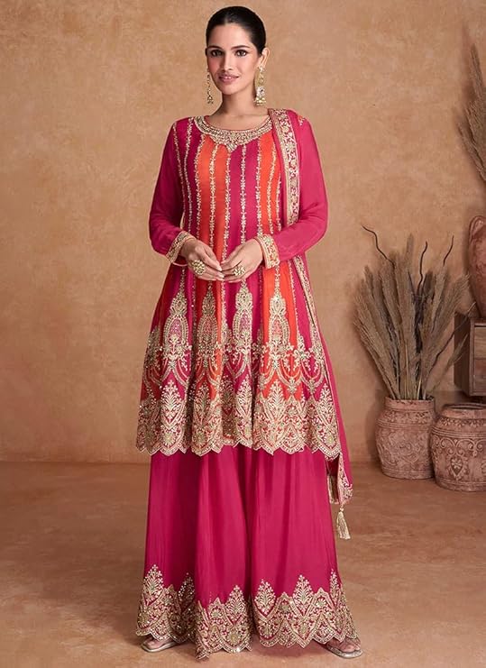 Pink and Orange Color Traditional Chinon Embroidered Stitched Kurta Palazzo Set