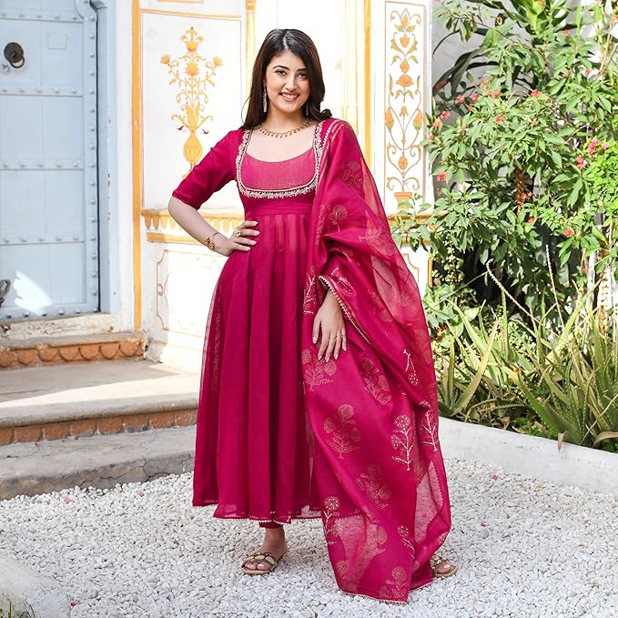 Rayon Viscose Embroidered Anarkali Kurta with Pant & Dupatta 