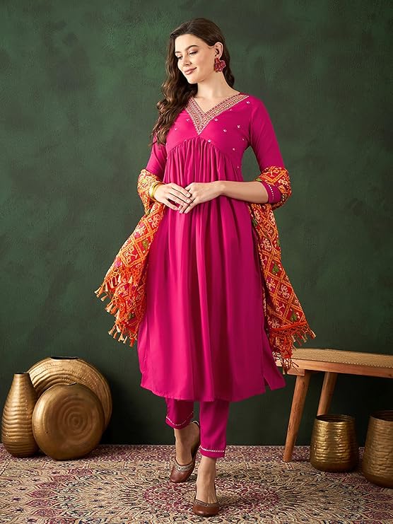 Women's Mustard American Crepe Zari Sequence Embroidered Alia Cut Kurta with Pant and Dupatta