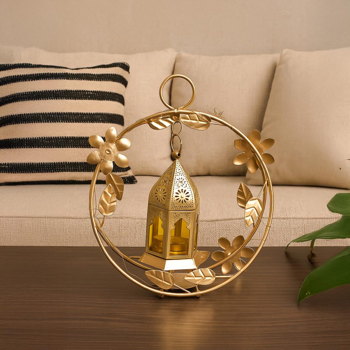 Gold Metal Wreath Lantern with Yellow Glass