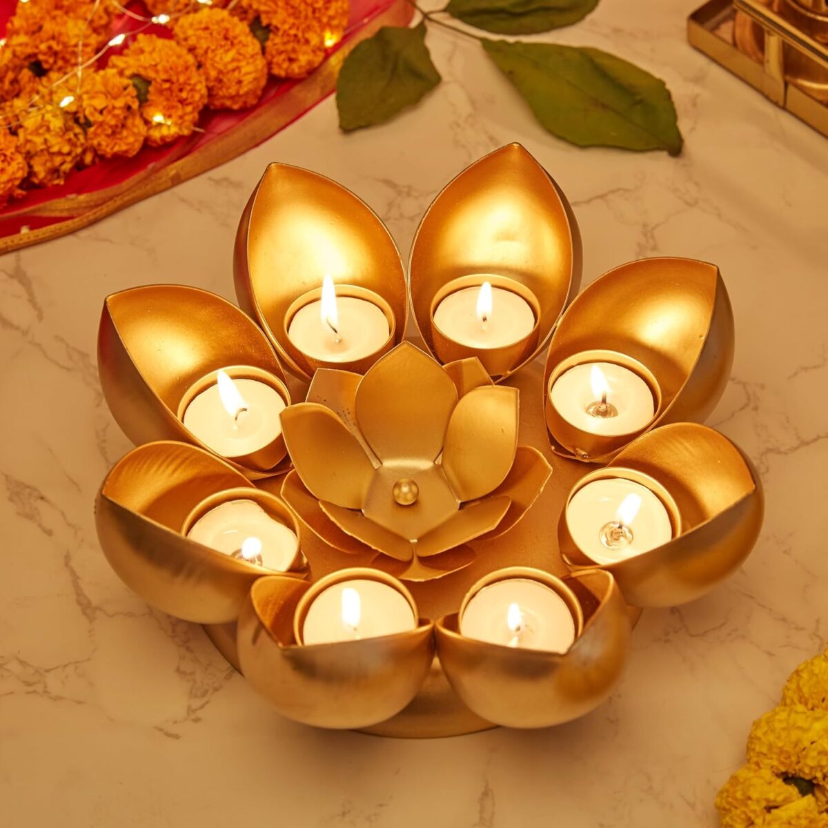 Gold Polished Metal Decorative Lotus Tealight Candle Holder