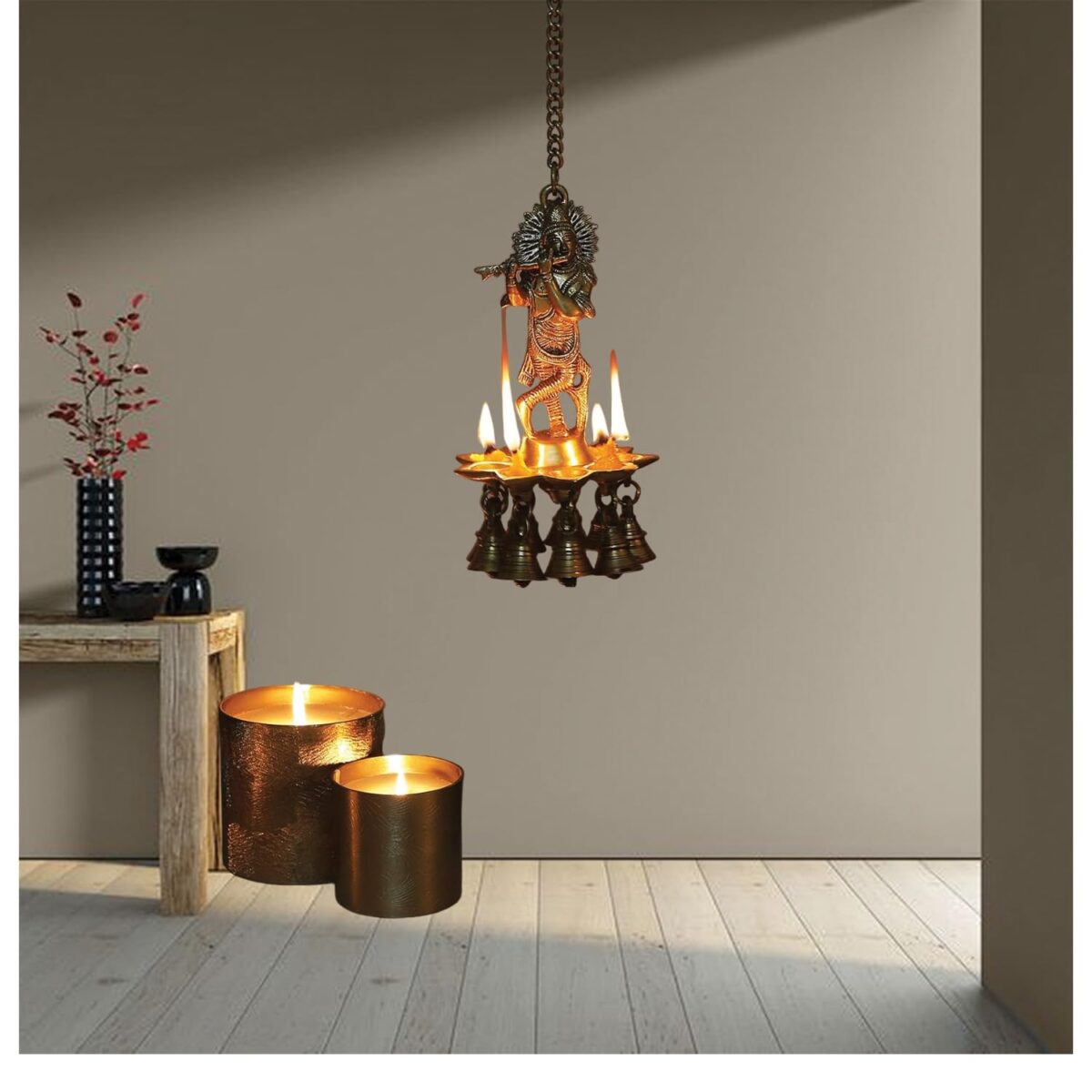 Lord Krishna Playing Flute Hanging Diya with Bells