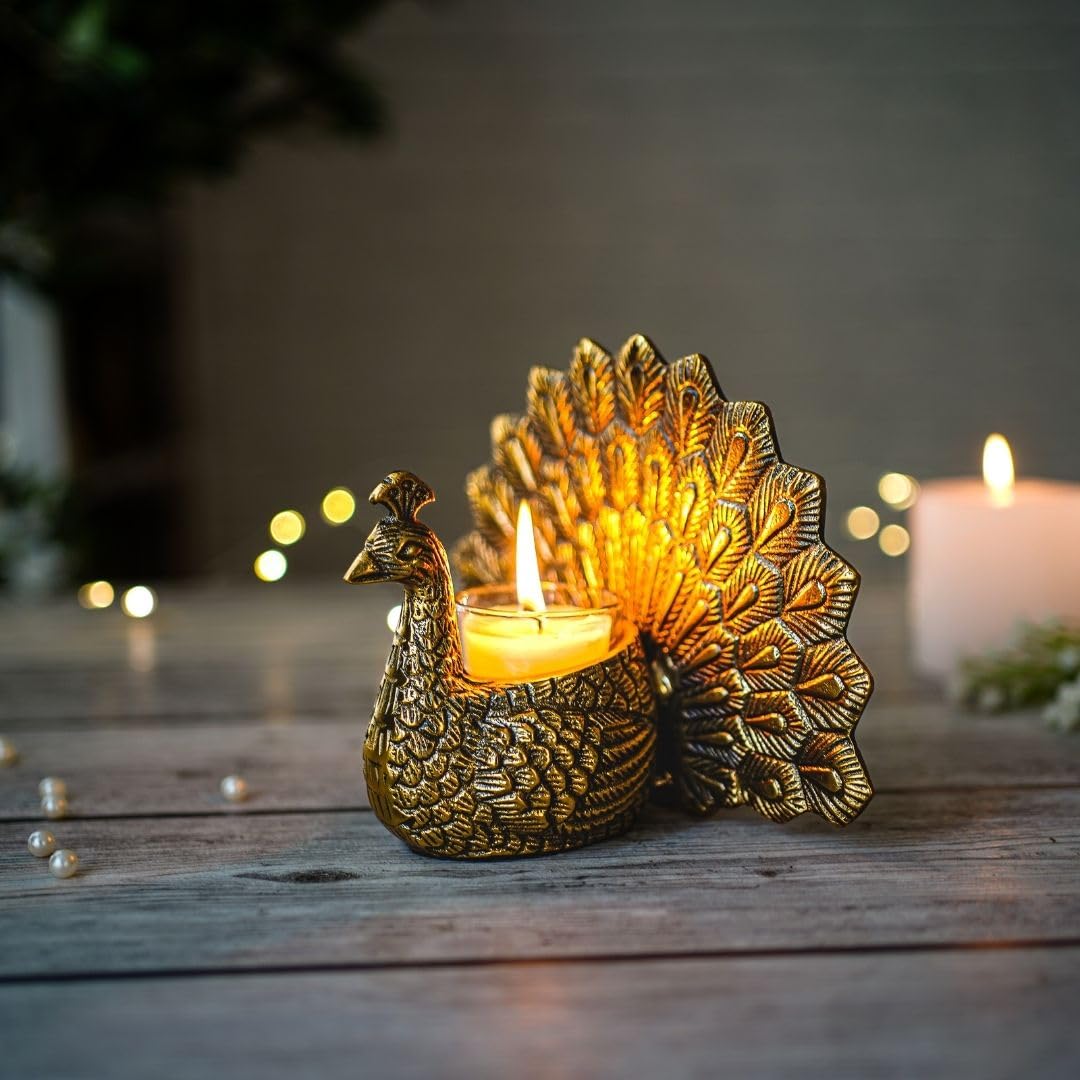 Metal Dancing Peacock Statue, Candle Holder for Good Luck and Love