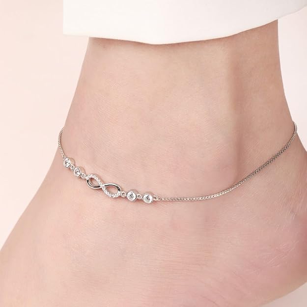 925 Sterling Silver Cubic Zirconia Infinity Rhodium Plating Chain Anklet