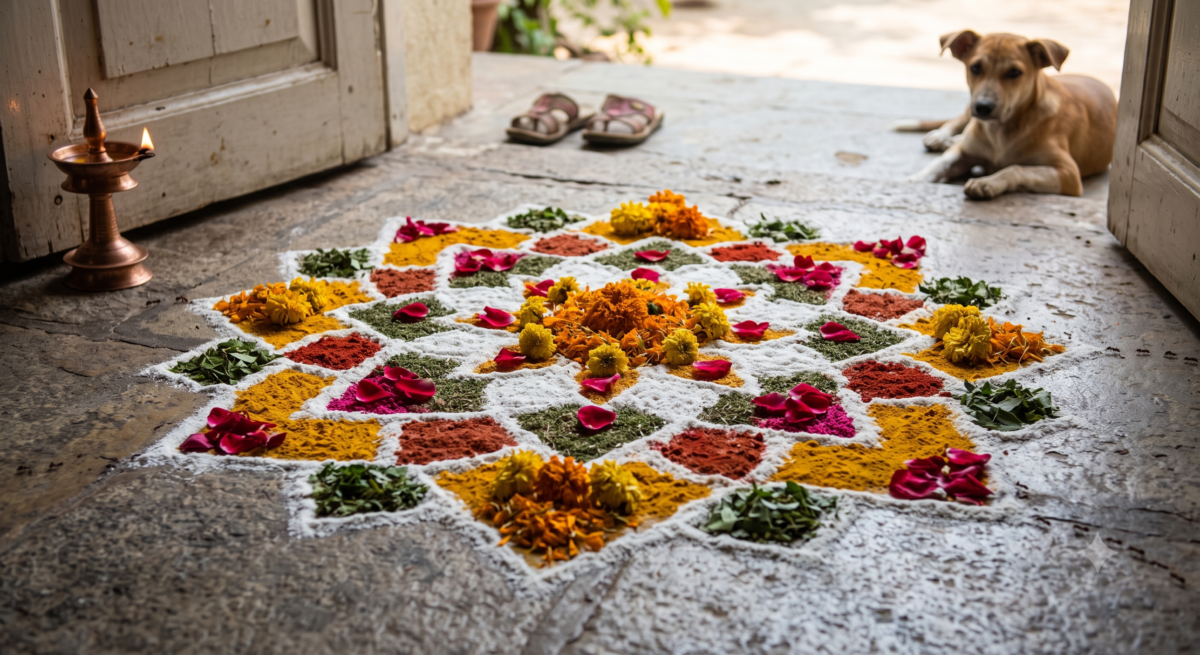 Draw Floor Rangolis with Pure Stone and Flower Pigments